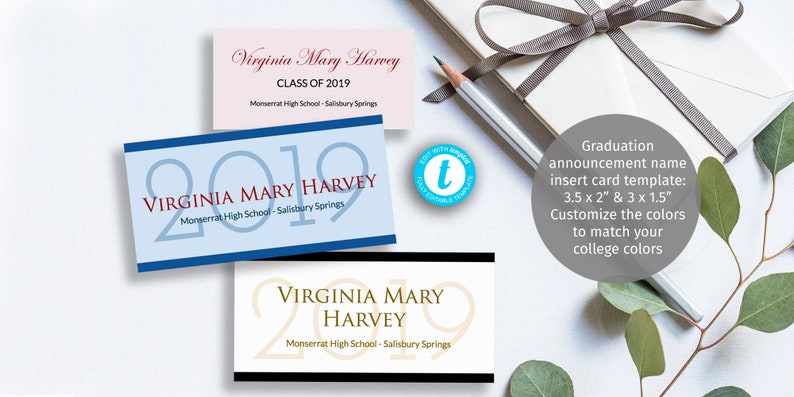 Graduation Name Card Insert Diy Customizable Printable Template Add Your School Or College Colors To The Text Border 2 Sizes Templett