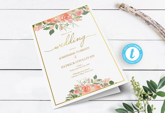 gold pink folding wedding service program blush rose etsy