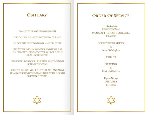 Printable Funeral Mass Program Gold Star Of David Folding Etsy