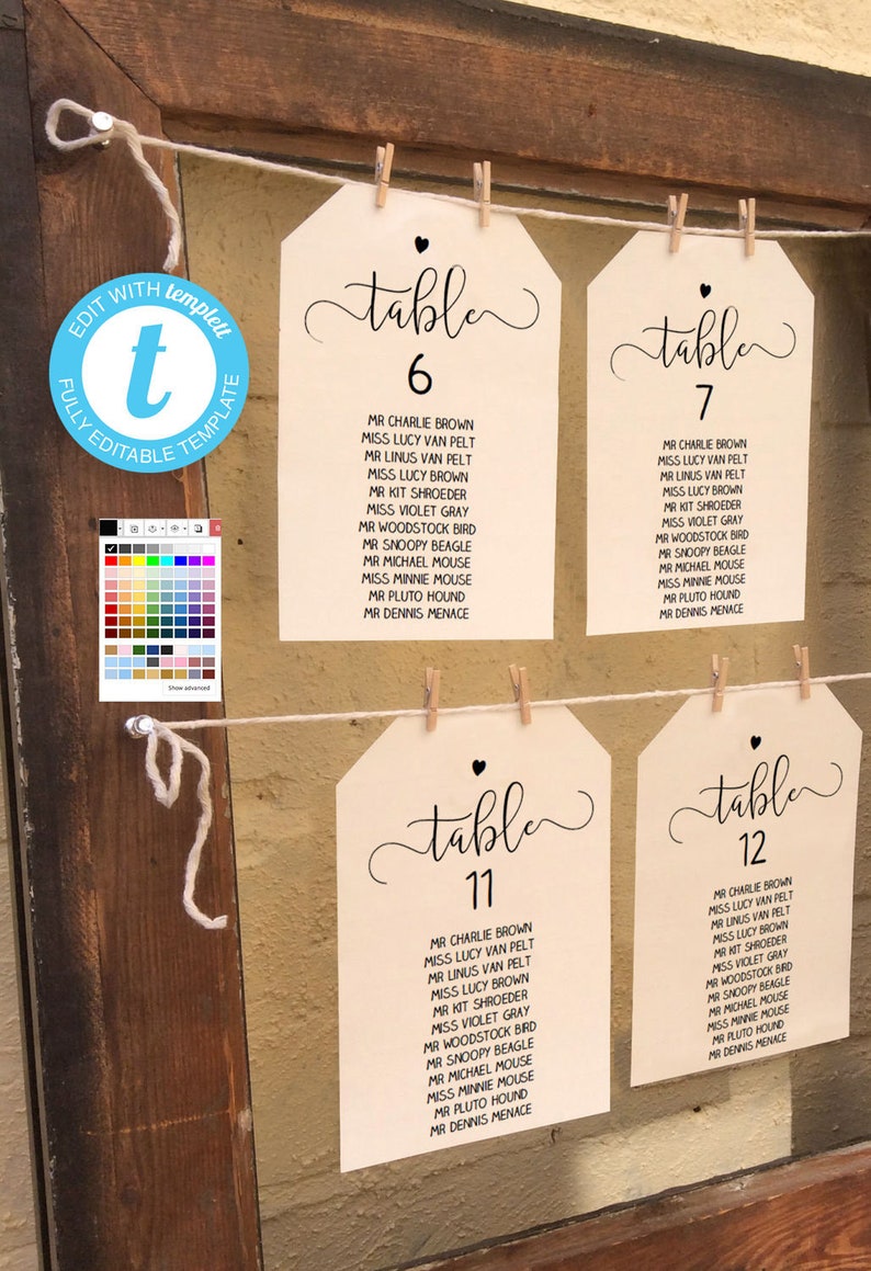 Wedding Seating Chart With Optional Heart Motif Diy Printable Etsy