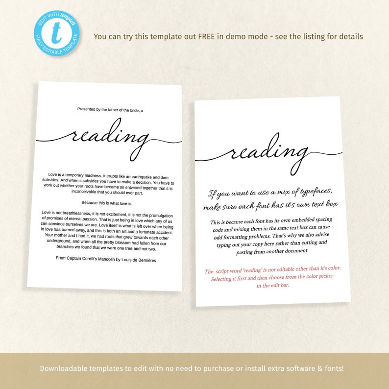 Printable Wedding Ceremony Poetry Recital Template Reading Etsy