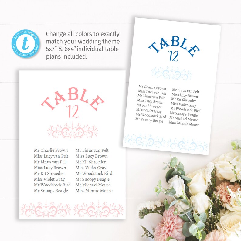 Single Table Wedding Seating Chart Template Diy Printable Etsy
