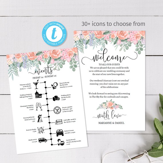 Romantic Vintage Wedding Weekend Timeline Printable Itinerary Etsy