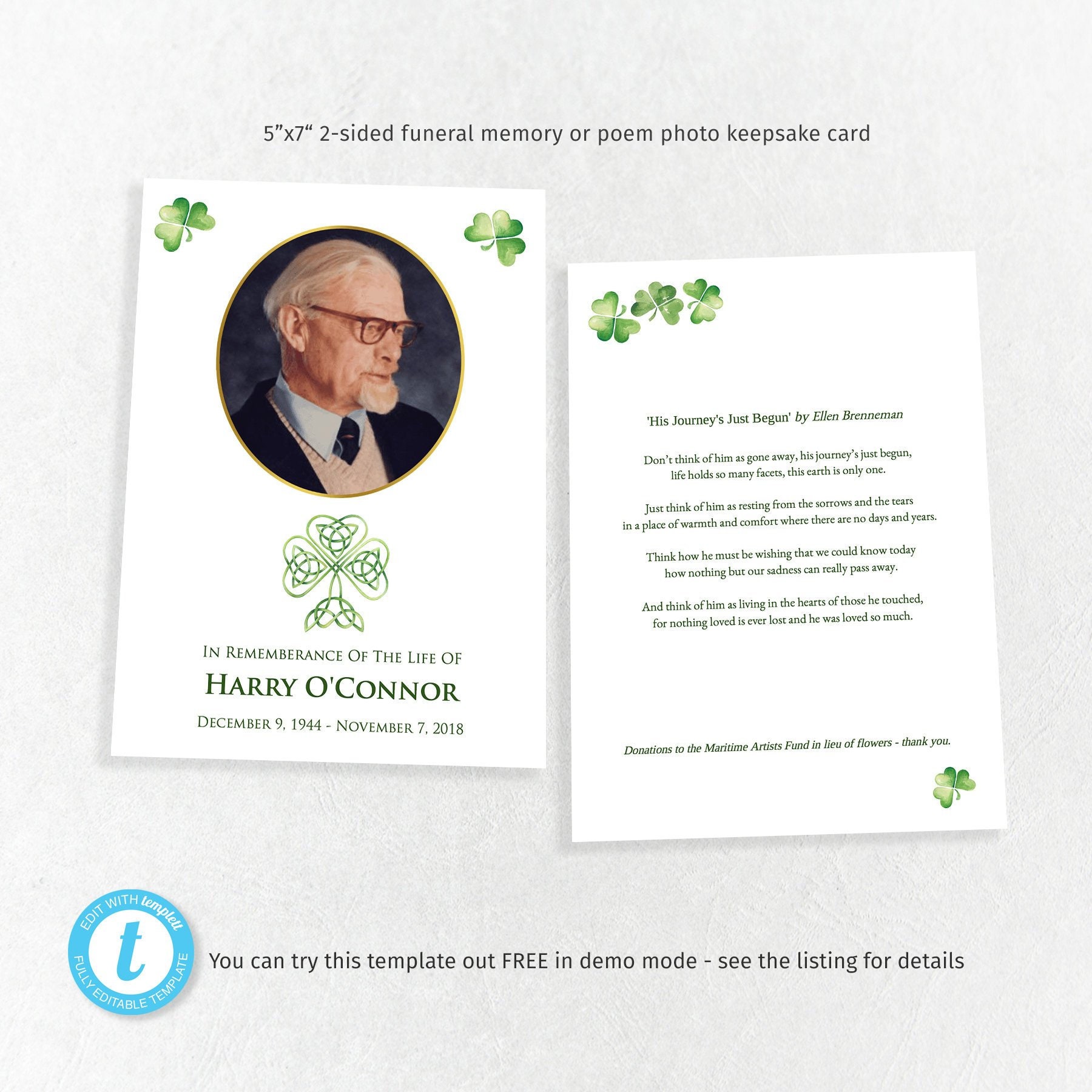 Printable Irish funeral memory keepsake card easy to edit Etsy