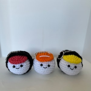 Amigurumi spam musubi, salmon sushi, or Tamago (egg) key chain, bag charm, gift for all, handmade, crochet