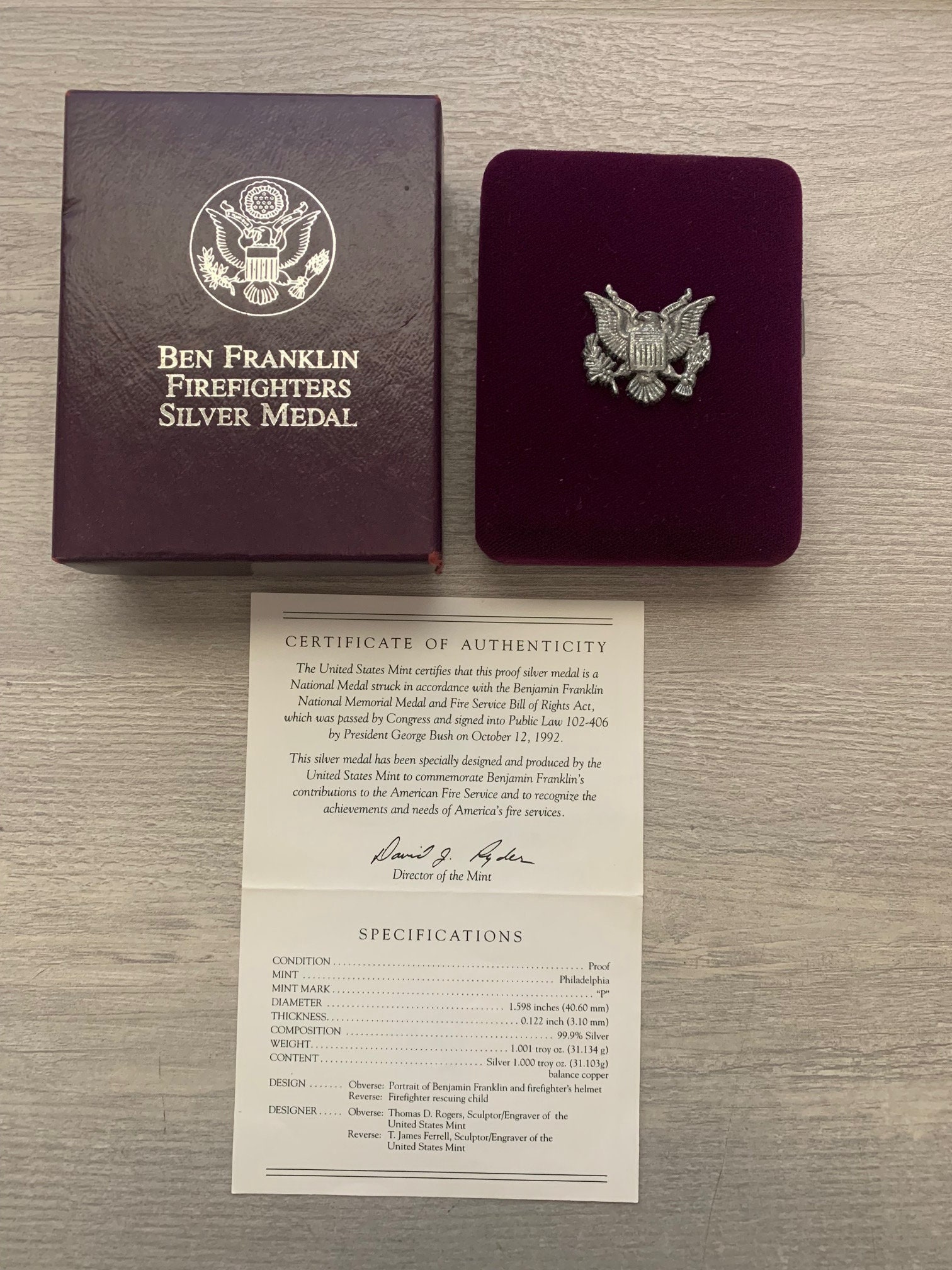 Ben Franklin Firefighters Silver Medal in Original Box with Certificate of Authenticity - US Mint