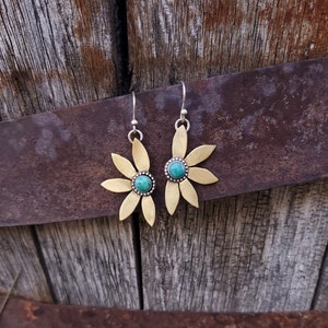 Turquoise Sunflower Earrings, Wildflower Jewelry, Brass Flower Jewelry, Lightweight Flower Earrings