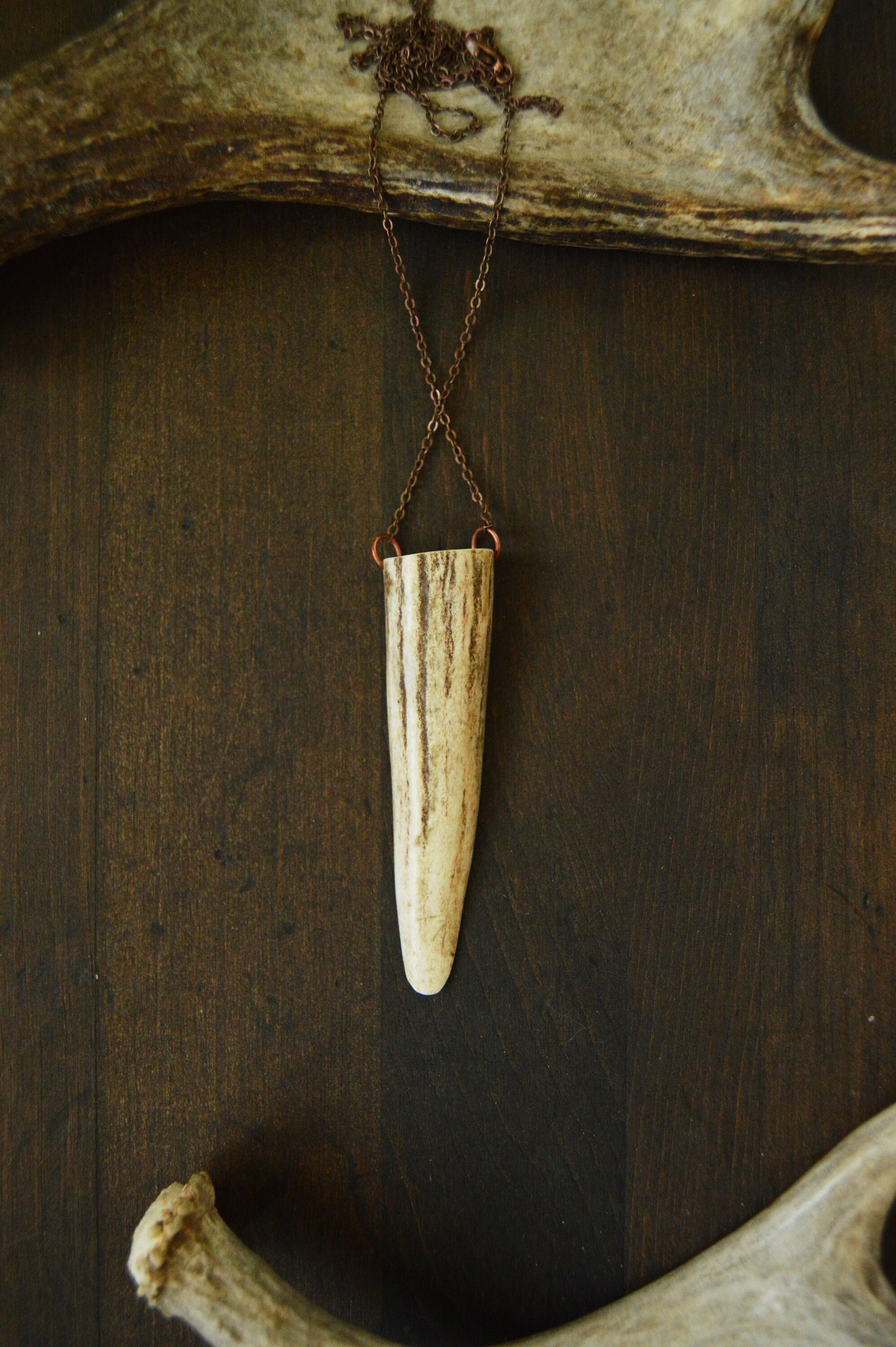 Carved Elk Antler Necklace Real Antler Jewelry Feather Etsy