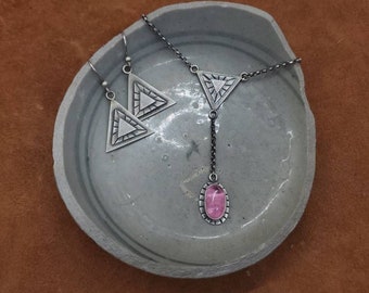 Pink Tourmaline Jewelry Set, Real Tourmaline Necklace, Geometric Jewelry, Awareness Jewelry, Drop Pendant Necklace, Handmade Jewelry Set
