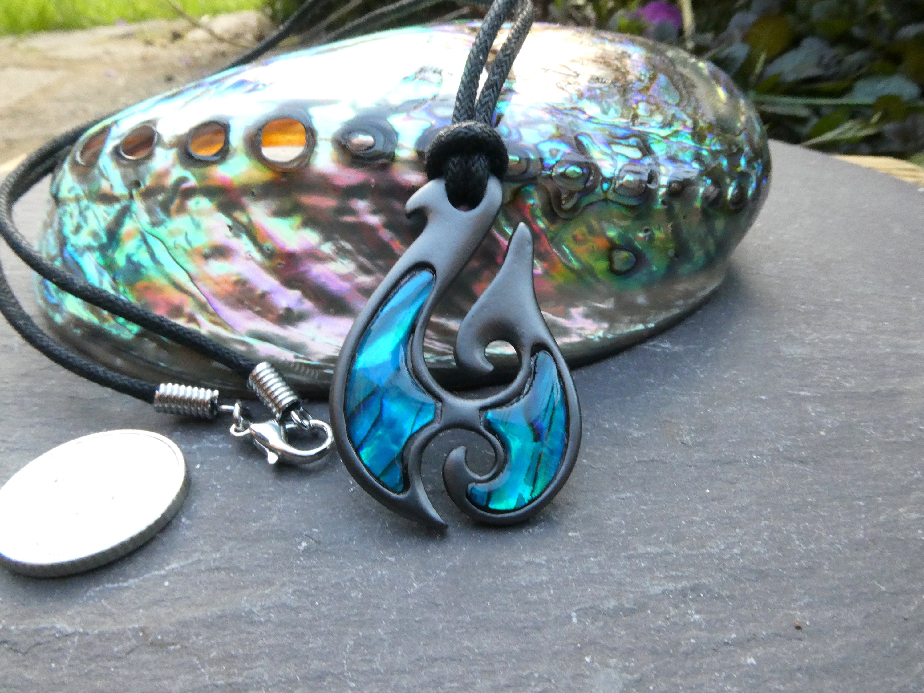 New Zealand Abalone Paua Shell Maori Fish Hook Design Pendant Necklace Gun  Metal Plating on 17.5"/44cm Waxed Cord - Etsy
