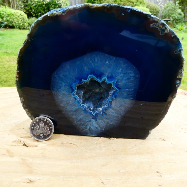 Blue Agate Crystal Polished Cut Base Geode Stands Upright Weight 485g Druzy Centre 91mm Height  Home Decor Gift Idea