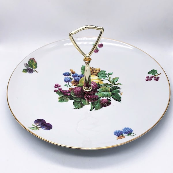 Naaman Made in Israel Single Tier Tidbit Dish with Gold Tone Center Handle Fruit Design
