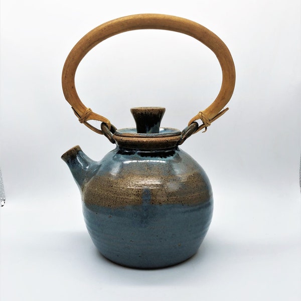 Studio Art Stoneware Teapot Bent Bamboo Handle Japanese Style 1981 Signed Piece