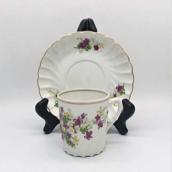 Porsgrund Norway Demitasse Cup and Saucer Lilies of the Valley and Violets with Gold Trim