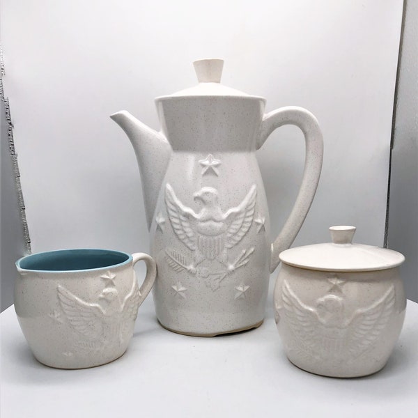 Stoneware A Price Import Japan Coffee Pot Creamer and Covered Sugar Bowl White and Light Blue Interior with Embossed American Eagle