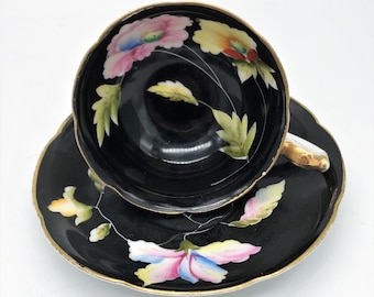 Chugai China Occupied Japan Black Tea Cup Hand Painted with Pink and Yellow Flowers Gold Trim