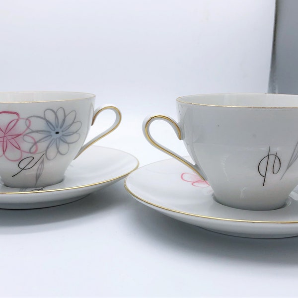 Eschenbach Bavaria Pair of Tea Cup and Saucer Pink and Gray Atomic Flowers 1930s