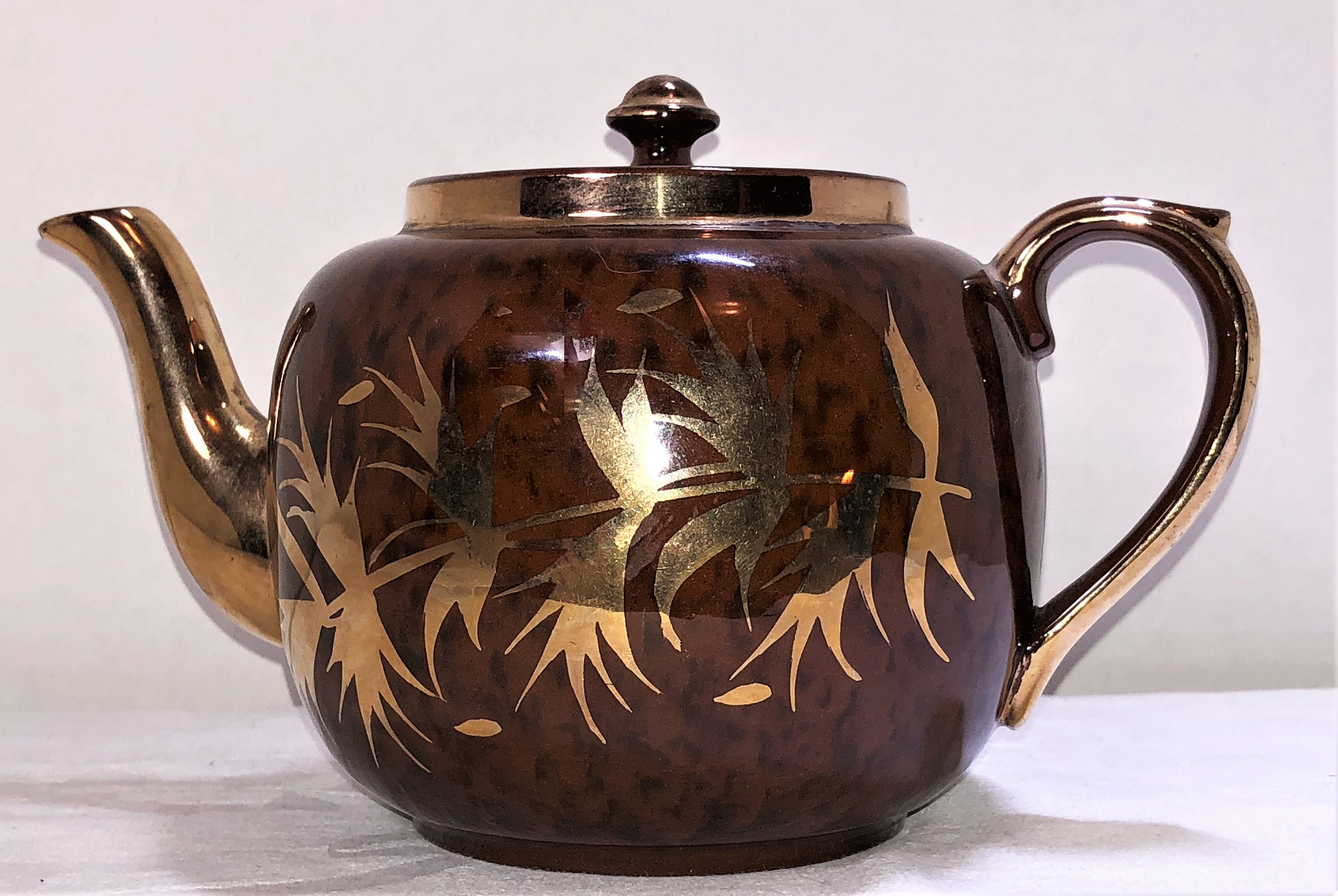 Gibson England Teapot Brown Mottled With Handpainted Gold Etsy