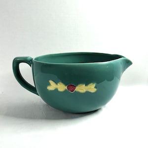 Coors Pottery Rosebud Design 12 Inches Teal Green Batter Bowl with Handle and Spout