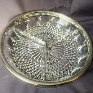 Pressed Glass Tri-divided Relish Dish Silver Trim