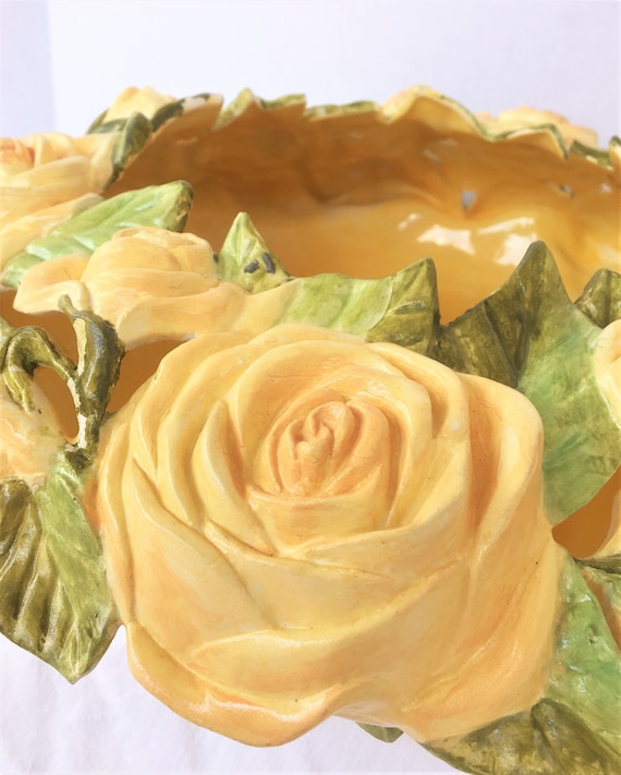 Vintage Atlantic Mold Yellow Roses Centerpiece Bowl Easter Basket
