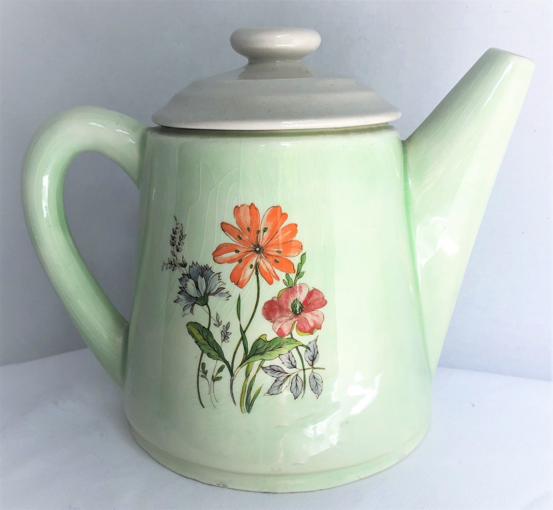 Musical Tea Pot With Spring Flowers Green Body White Lid Plays ...
