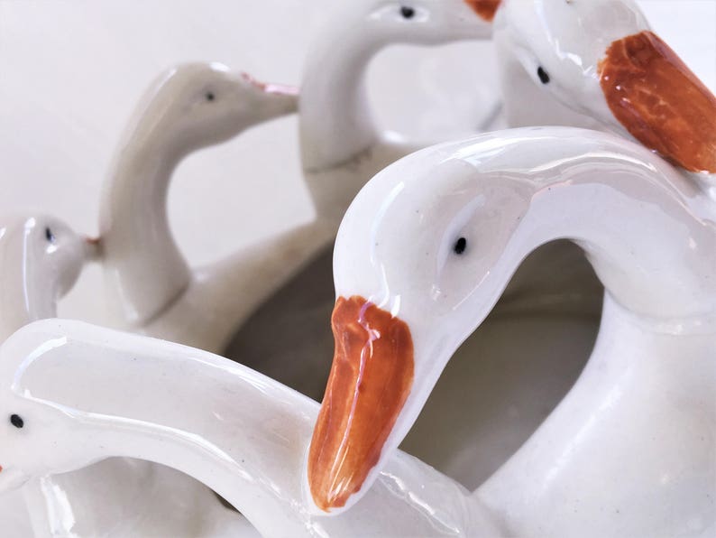 Vintage Round Geese Planter Made in Japan White with Orange Bills
