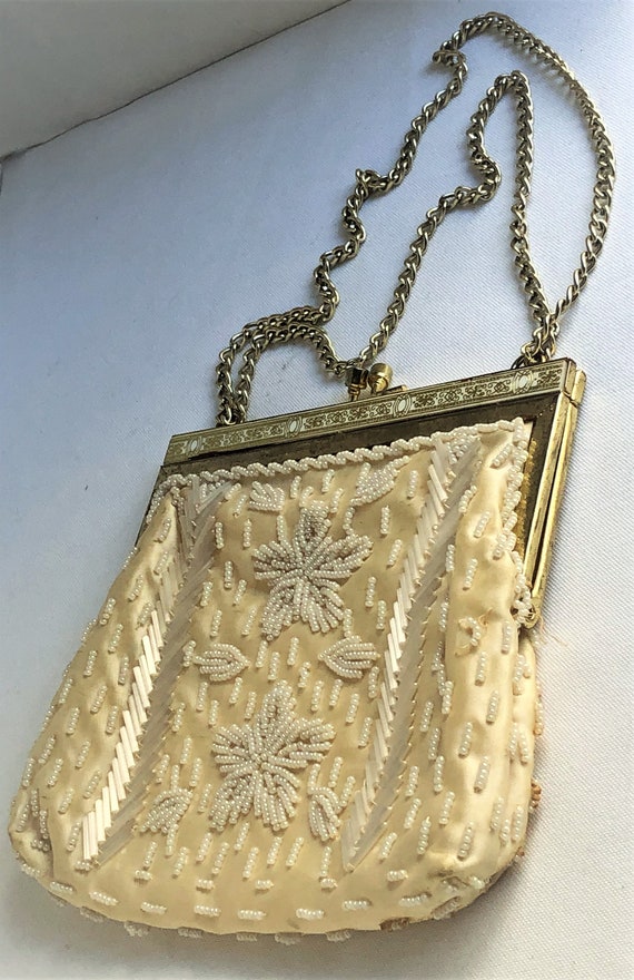 La Regale Beaded Purse Evening Bag Vintage Hand Made Metal Frame with Chain  Strap Satin Lined