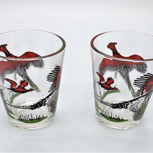 Mid Century Pheasant Pair of Shot Glasses MCM in Red Black and Green