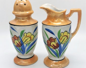 Vintage Lusterware Sugar Shaker and Creamer Orange Accents Yellow Flowers