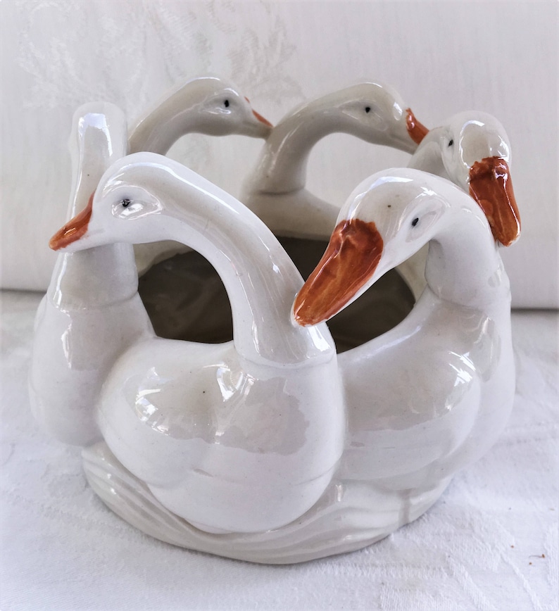Vintage Round Geese Planter Made in Japan White with Orange Bills