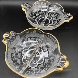Fostoria Etched Floral Print Basket Weave Detailing and Gold Trim Pair of Divided Condiment Dishes