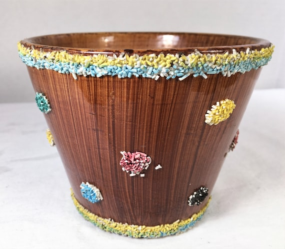 Mid Century Italian Pottery Planter with Spaghetti Trim and Multi-Colored Dots Jardinier