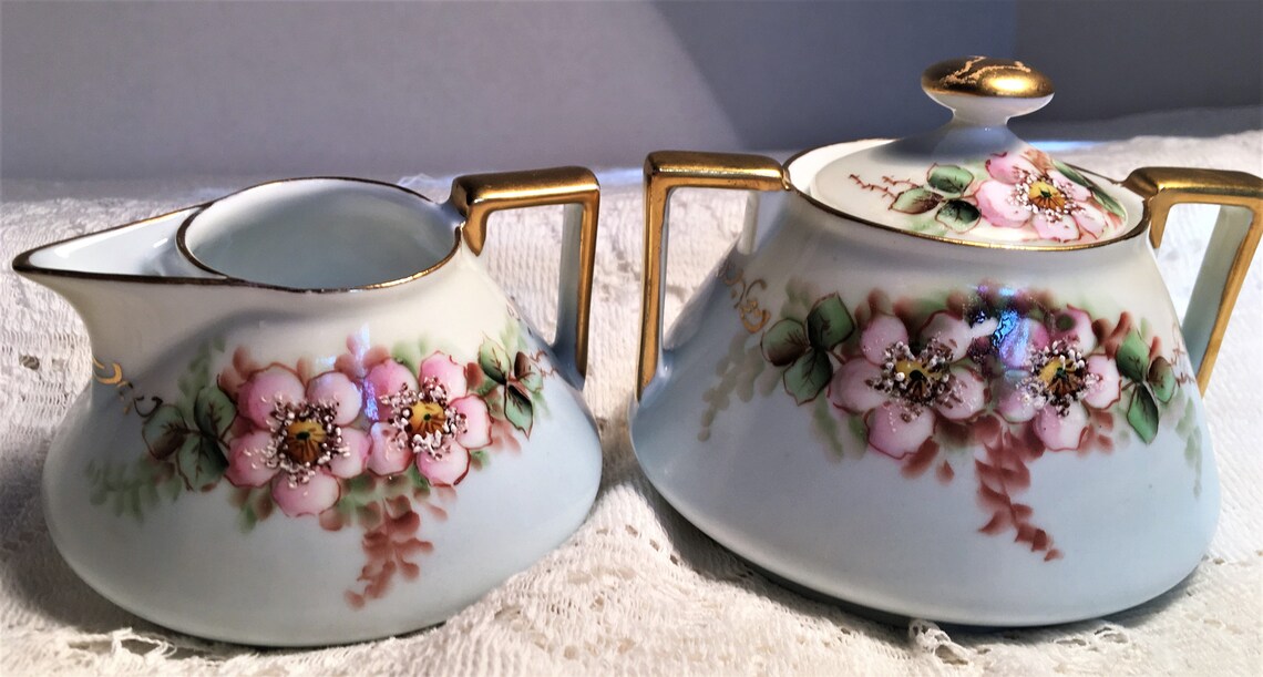 Bavaria Sugar and Creamer Set Blue With Hand Painted Pink Etsy