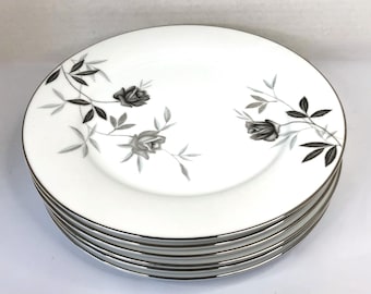 Noritake Rosamor Dinner Plates Black Rose Floral Grey White and