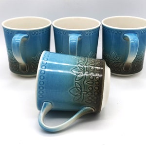 Syracuse China Carefree Aruba Blue and Brown Coffee Mug Flat Cup Set of 4