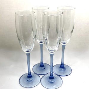 Cristal D'Arques-Durand Azure Blue Stem Footed Set of 4 Fluted Champagne Blown Glass