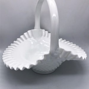 Fenton White Milk Glass Hobnail Crimped Edge Basket