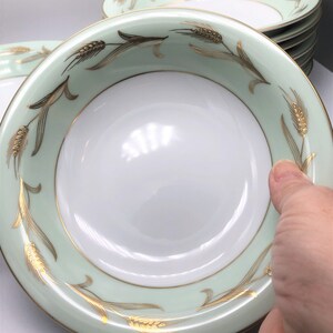 Noritake China Morimura Alice Salad Bowl Green with Gold Wheat Pattern Set of 8