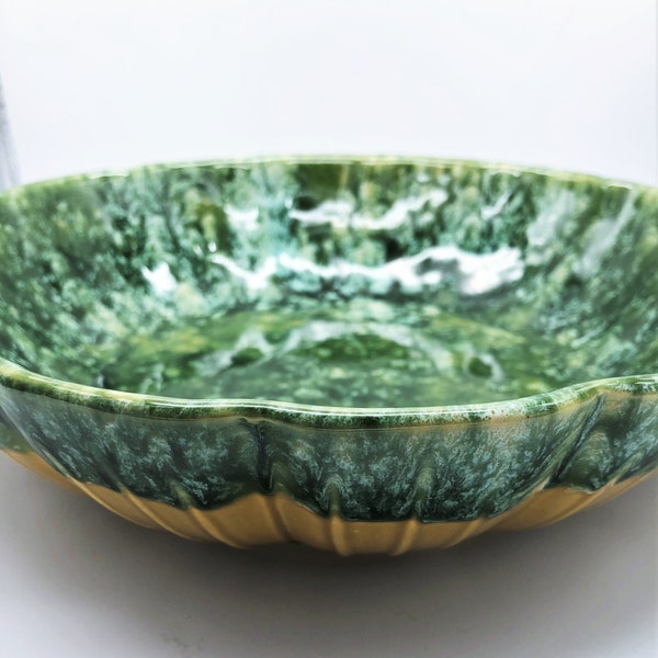 McCoy Pottery Hostess Line USA 802 Green Drip Glaze Salad Serving Bowl with Golden Yellow Base Art Pottery Display