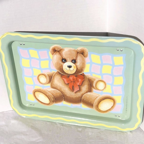 Vintage Child's Lap Metal Tray with Folding Legs Teddy Bear Design