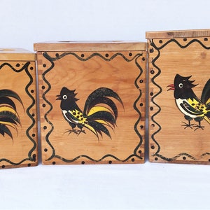 Nesting Canisters set of 3 Dovetail Handpainted Rooster Woodpecker Woodware Japan