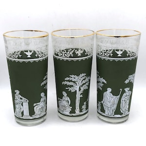 Jeanette Wedgwood Hellenic Jasperware Green Tumblers High Ball Drinking Glasses Gold Rim Set of 3