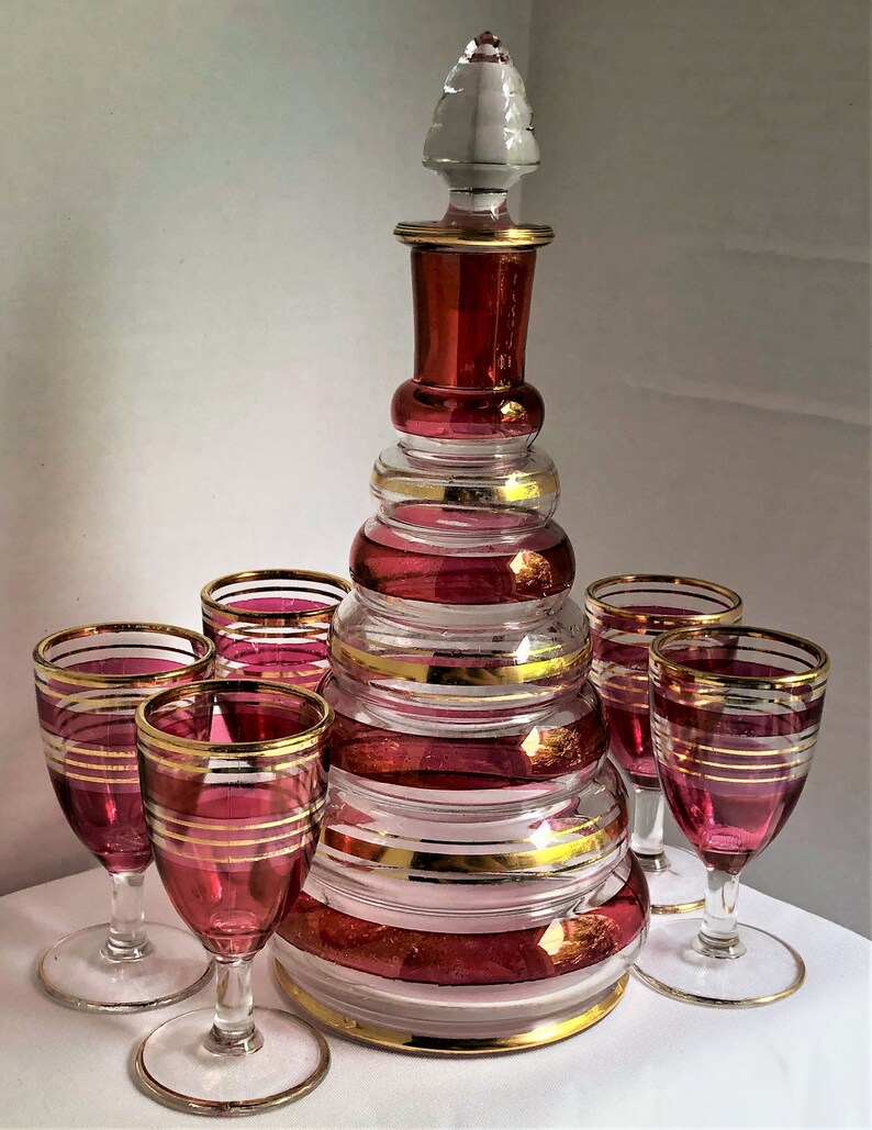 Mid Century Barware Liquor Decanter Set With 5 Matching Etsy