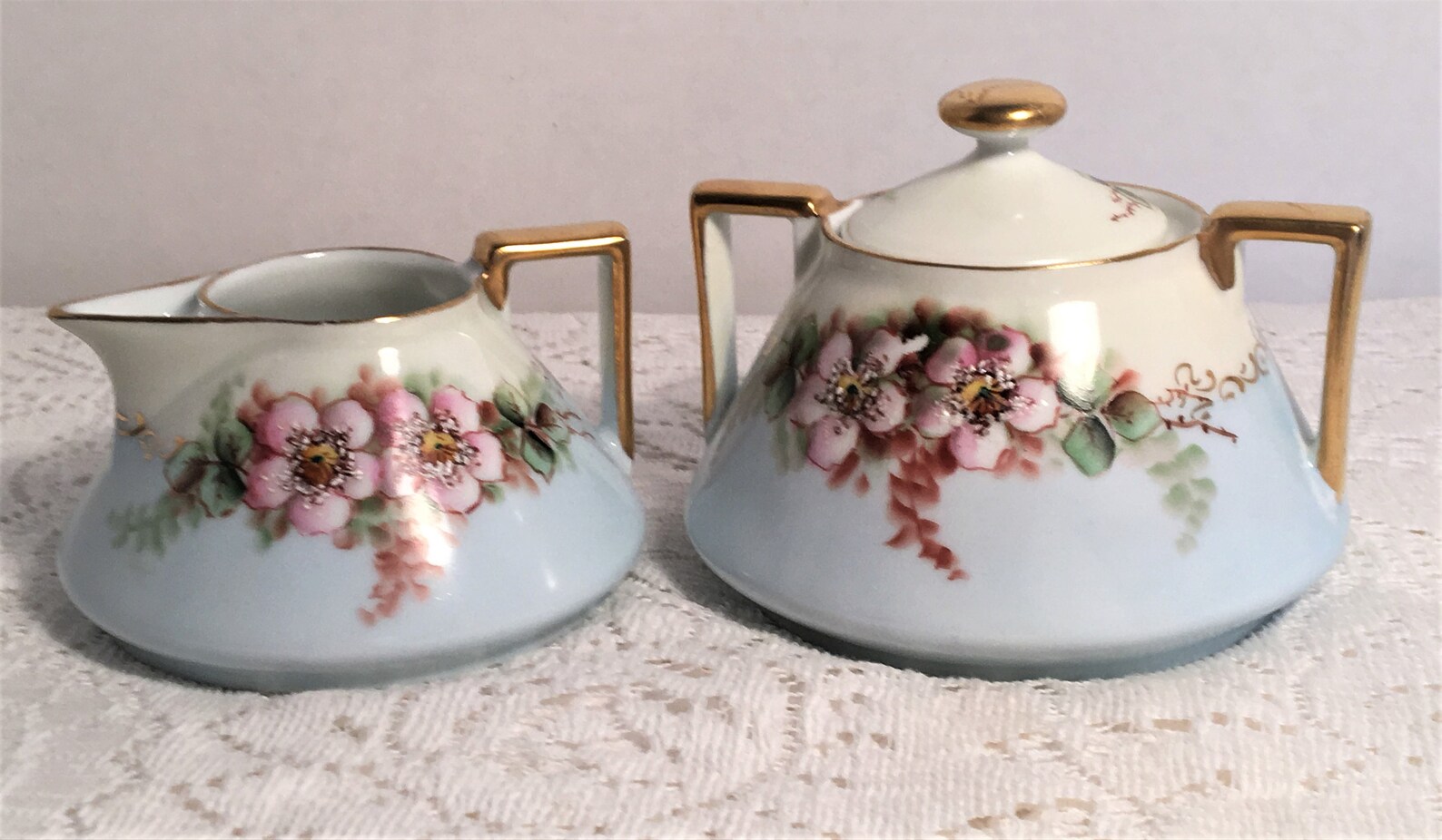 Bavaria Sugar and Creamer Set Blue With Hand Painted Pink Etsy