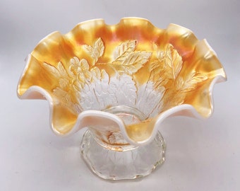 Dugan Peach Opalescent Iridescent Carnival Glass Low Compote Dogwood Sprays Floral Design