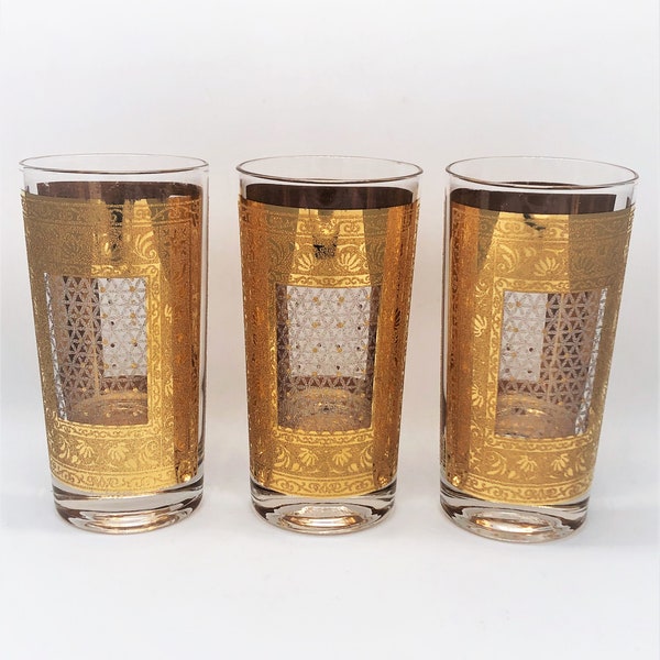 Pasinski Encrusted 22k Gold Kashmir Cocktail Tumblers set of 3 Highball Glasses Intricate Pattern MCM Décor