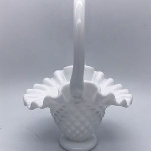 Milk Glass Hobnail Handled Basket Crumped Ruffled Edge