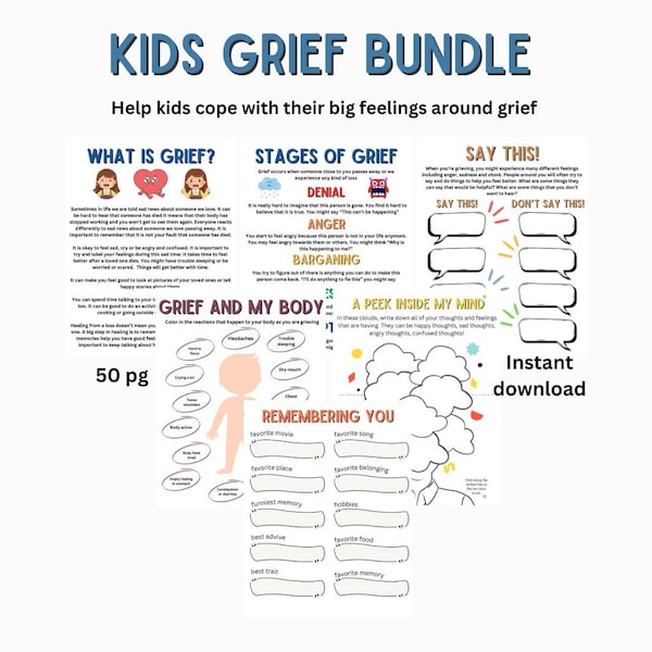 Kids Grief Workbook Loss Worksheets for Children Therapy School-age Resources Teachers Therapists Counsellor Parents Death in Family Sheets