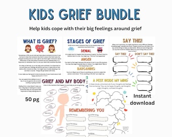 May include: A printable grief resource bundle for kids with colorful illustrations and activities. The bundle includes worksheets on identifying grief, stages of grief, coping mechanisms, and remembering loved ones. The text on the cover reads "Kids Grief Bundle" and "Help kids cope with their big feelings around grief".